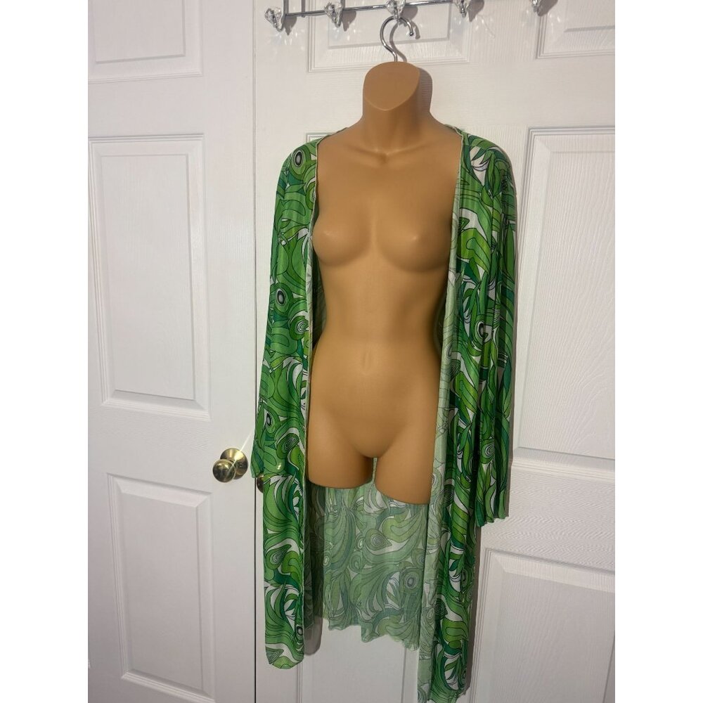 Plus Size Womens Swimsuit Coverup Open Kimono  Green Retro Style Print XXL